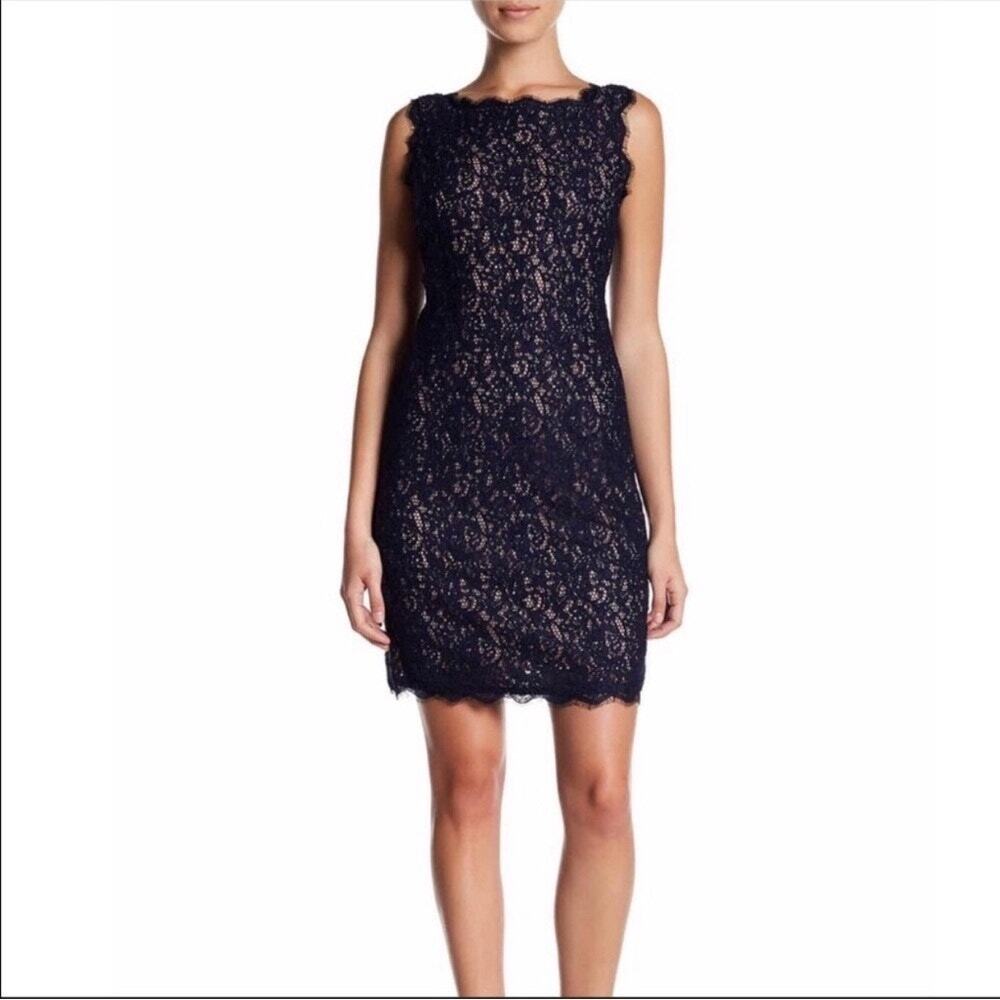 Adrianna Papell Dress Lace Overlay Zipper Back Cocktail Romantic Blue Size 2